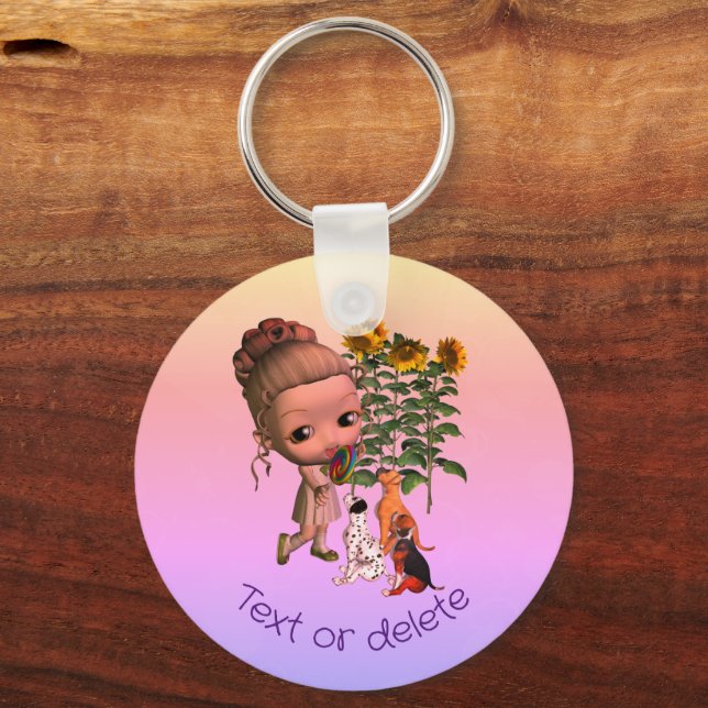Little Girl And Puppies Cute Personalised Key Ring (Front)