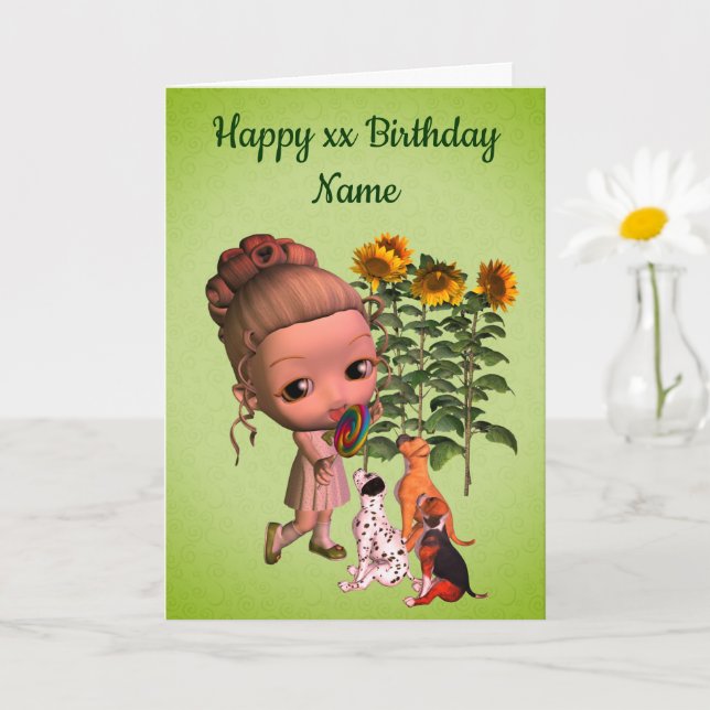 Little Girl And Puppies Personalised Birthday  Card (Small Plant)