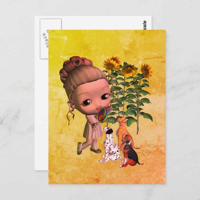 Little Girl And Puppies Postcard (Front/Back)