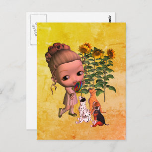 Little Girl And Puppies Postcard