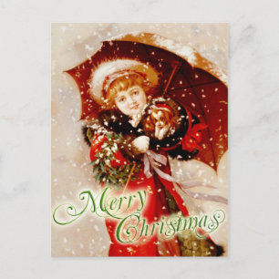 Little girl and puppy in the Christmas snow Holiday Postcard