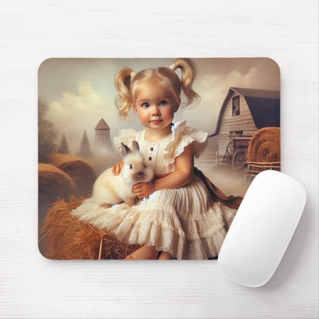 Little Girl and Rabbit On Hay Bale Mouse Mat (With Mouse)