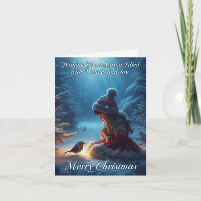 Little Girl and Robin Snow Scene Christmas Card (Front)