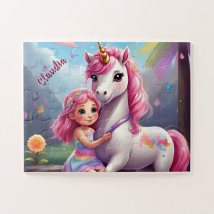 Little Girl and Unicorn Fantasy Personalised Jigsaw Puzzle