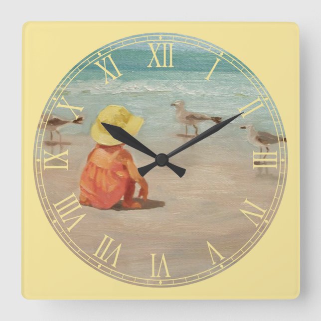 Little Girl at the Beach Fine Art Roman Numeral Square Wall Clock (Front)