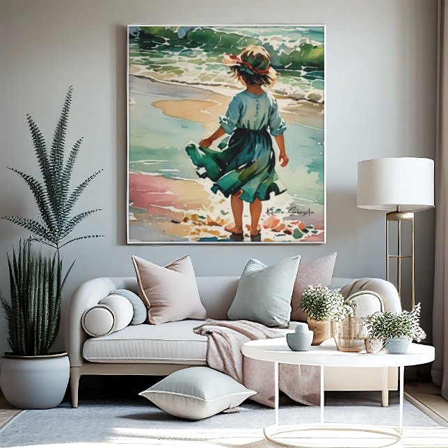 Little girl at the beach, watercolor ocean waves,  poster (Creator Uploaded)