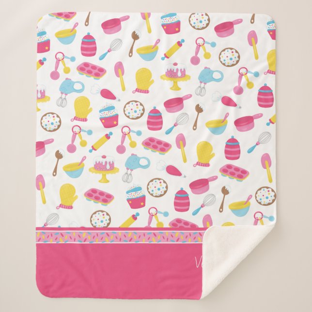 Little Girl Baker Pink Cooking Pattern Chef Kid Sherpa Blanket (Front)