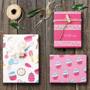 Little Girl Baker Pink Cooking Pattern Chef Kid Wrapping Paper Sheet