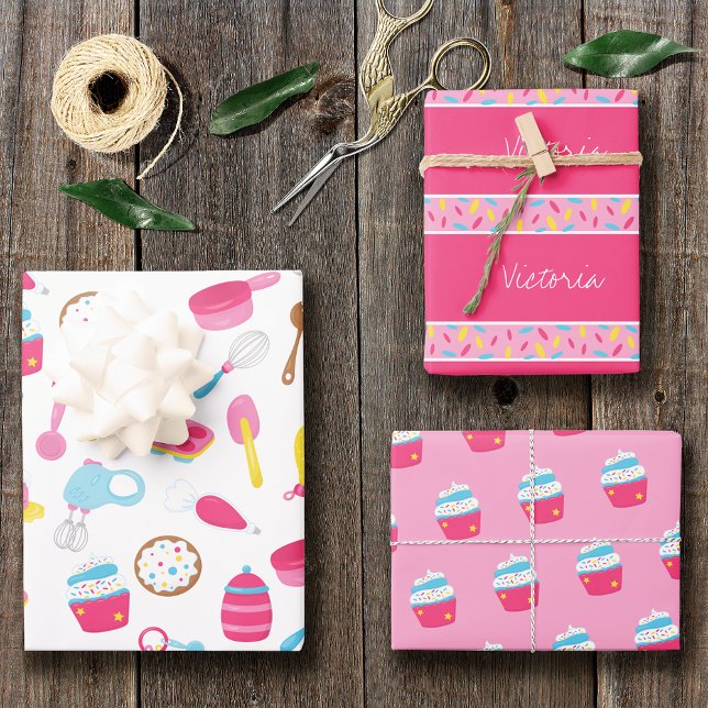 Little Girl Baker Pink Cooking Pattern Chef Kid Wrapping Paper Sheet (Creator Uploaded)