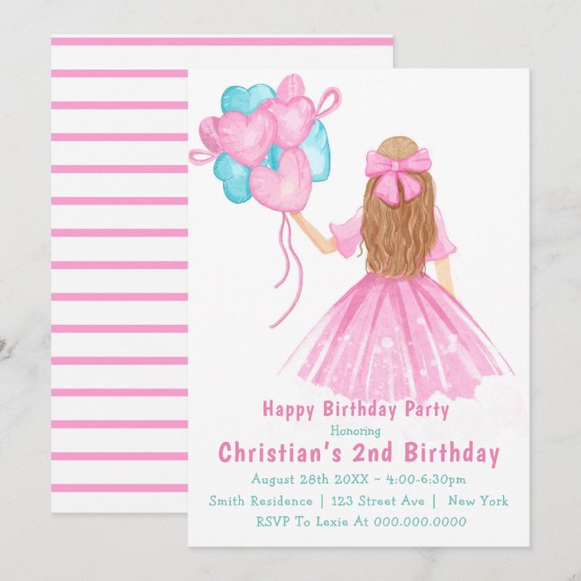 Little Girl Balloons 2nd Birthday Invitations  (Front/Back)