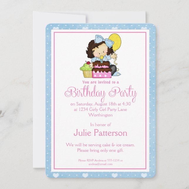 Little Girl Birthday Party Invitation Blue 1 (Front)