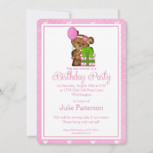 Little Girl Birthday Party Invitation Girly Bear 1