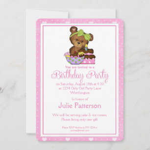Little Girl Birthday Party Invitation Girly Bear 2