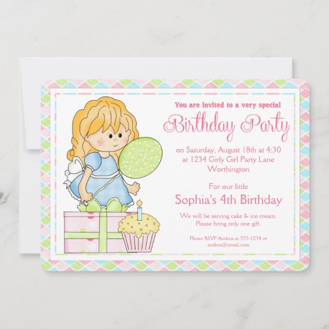 Little Girl Birthday Party Invite Girly Girl d2 (Front)