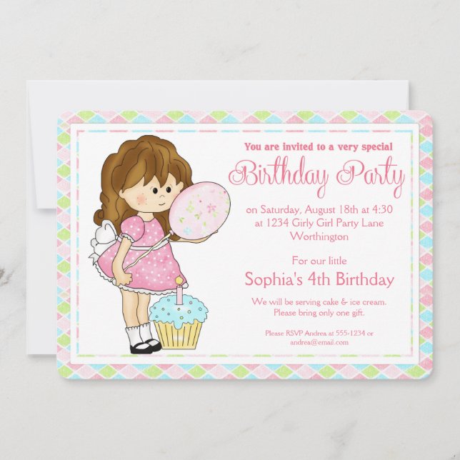 Little Girl Birthday Party Invite Girly Girl d4 (Front)