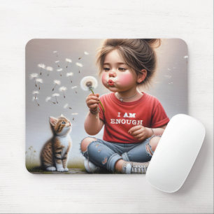 Little Girl Blowing Dandelions With Kitten Mouse Mat