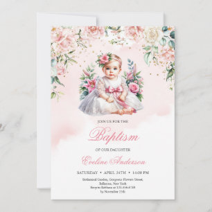 Little girl blush roses floral Baptism invitation