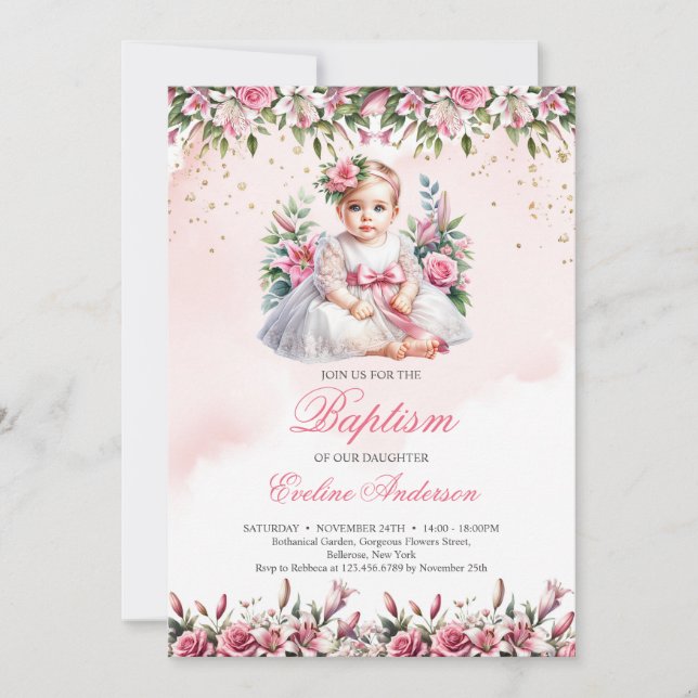 Little girl blush roses floral Baptism invitation (Front)