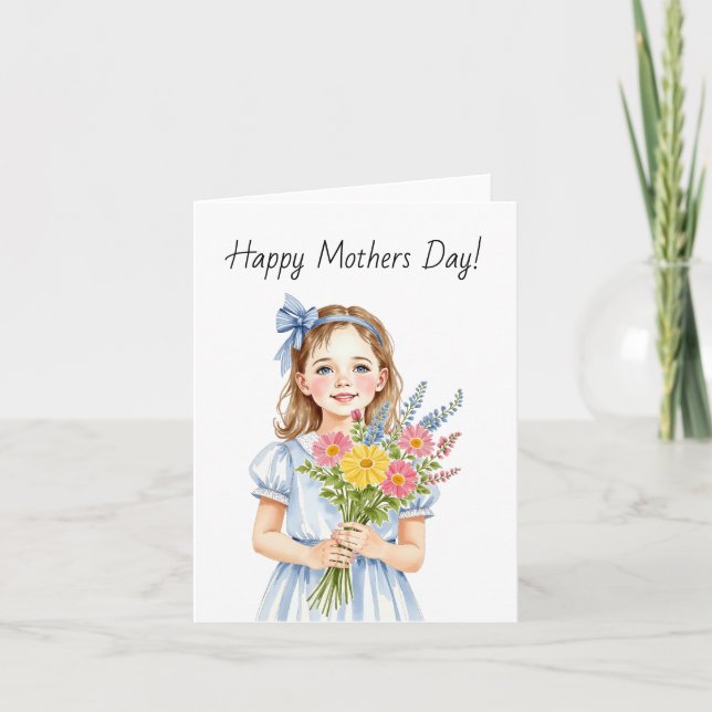 Little Girl Bouquet Watercolor Mothers Day Card (Front)