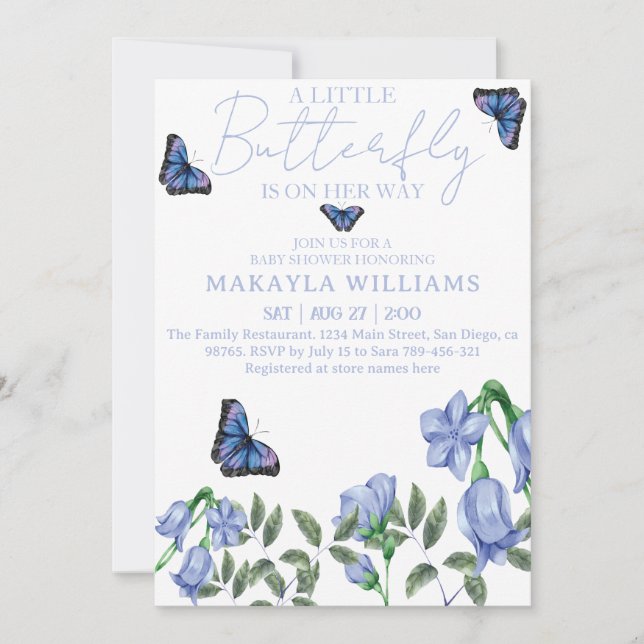 Little Girl Butterfly Blue Floral Baby Shower  Invitation (Front)
