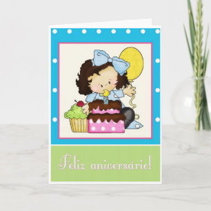 Little Girl Cake Portuguese Birthday Card 1