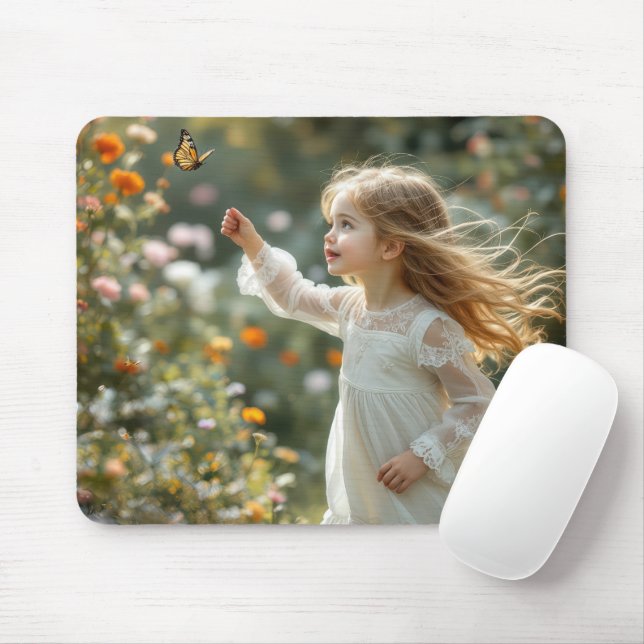 Little Girl Chasing a Monarch Butterfly Mouse Mat (With Mouse)