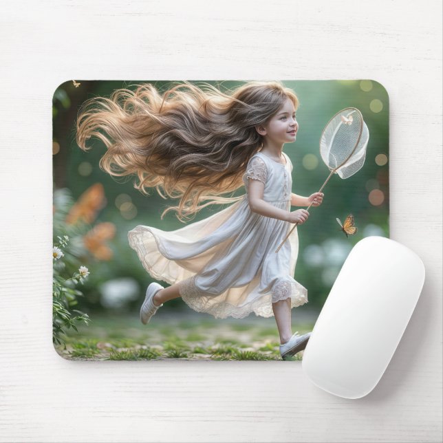 Little Girl Chasing Butterflies Mouse Mat (With Mouse)