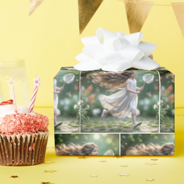 Little Girl Chasing Butterflies With a Net Wrapping Paper (Birthday Party)