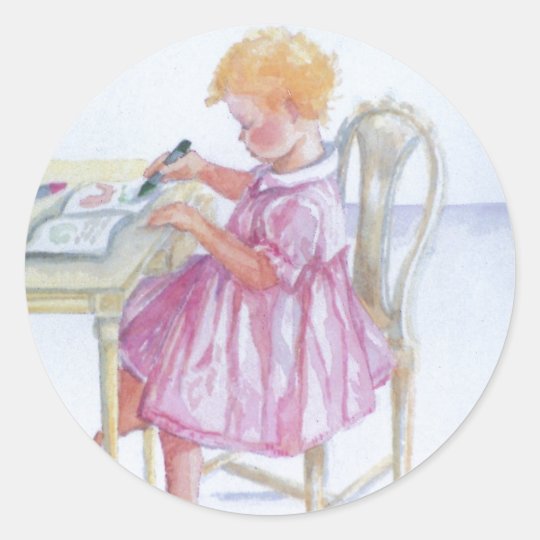 "Little Girl Colouring" Round Sticker, Glossy Classic Round Sticker
