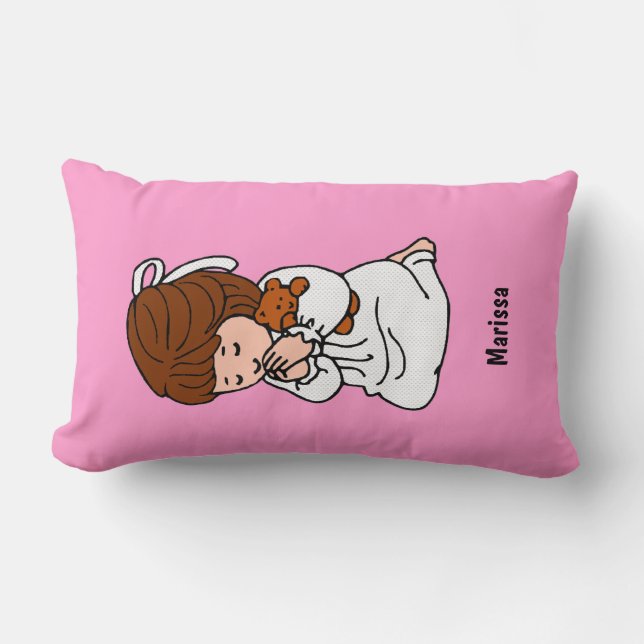 Little Girl Custom Prayer Pillow: Brown Hair Lumbar Cushion (Front)