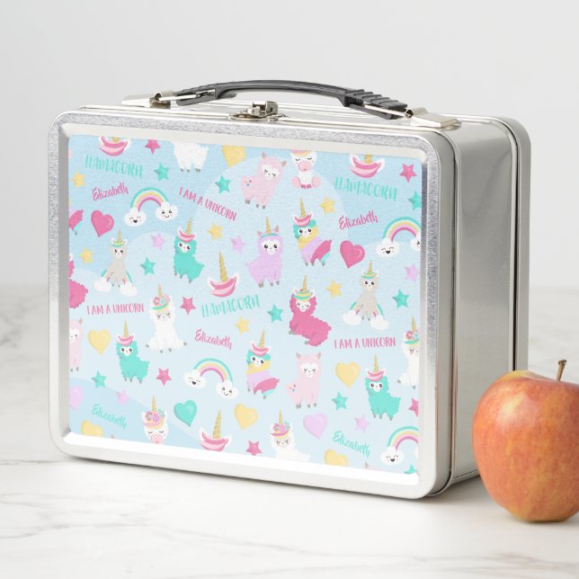 Little Girl Cute Llamacorn Pastel Pattern Metal Lunch Box (In Situ)