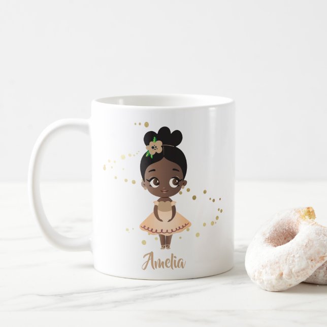 Little Girl Dancing Ballerina w/Flower, Gold Coffee Mug (With Donut)