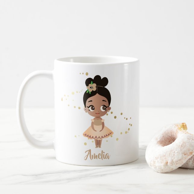 Little Girl Dancing Ballerina w/Flower, Gold Coffee Mug (With Donut)