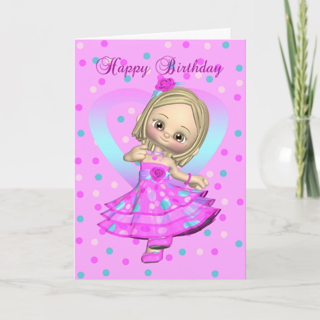 little girl dancing birthday card - pink and blue (Front)