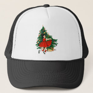 Little girl dancing next to a Christmas tree Trucker Hat