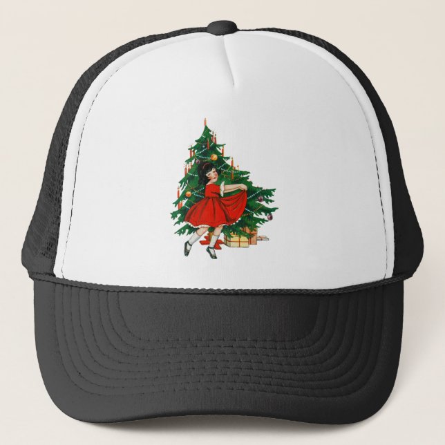 Little girl dancing next to a Christmas tree Trucker Hat (Front)