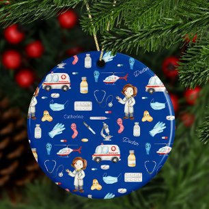 Little Girl Doctor Medical Pattern with Name, Blue Ceramic Tree Decoration
