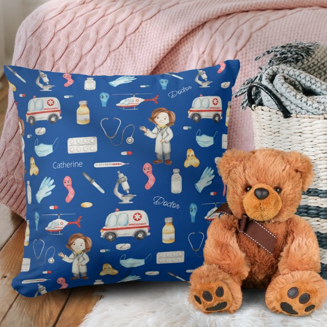 Little Girl Doctor Medical Pattern with Name, Blue Cushion (Creator Uploaded)