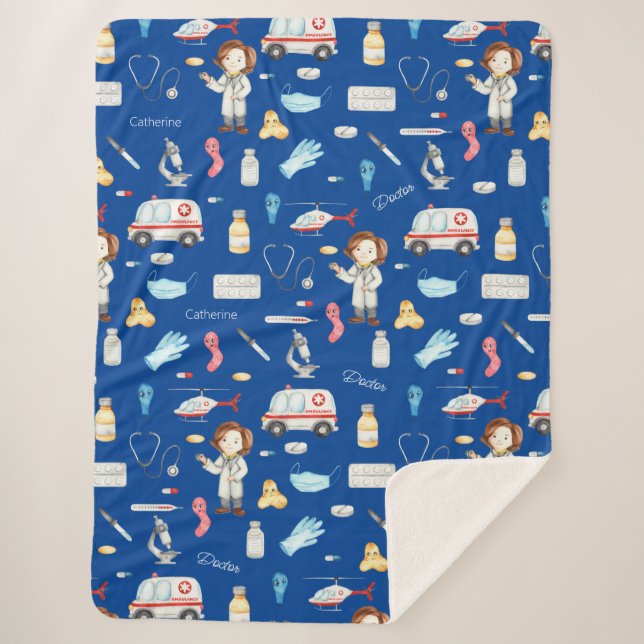Little Girl Doctor Medical Pattern with Name, Blue Sherpa Blanket (Front)