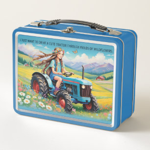 Little Girl Driving A Tractor Through Flowers Metal Lunch Box