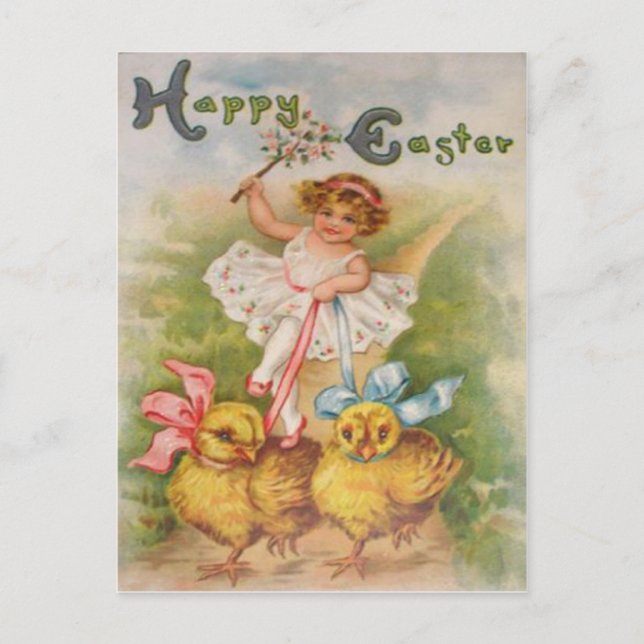 Little Girl Easter Chick Leash Holiday Postcard (Front)