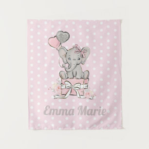 Little Girl Elephant Pink Silver Balloons Name Tapestry