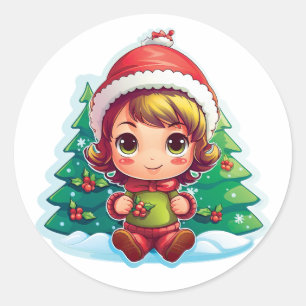 Little Girl Elf Xmas Magic Classic Round Sticker