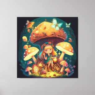 Little girl elve among mushrooms canvas print