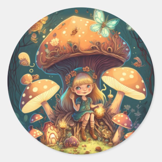 Little girl elve among mushrooms classic round sticker (Front)