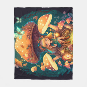 Little girl elve among mushrooms fleece blanket