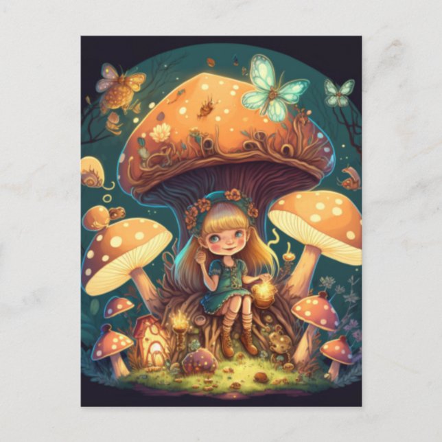 Little girl elve among mushrooms holiday postcard (Front)