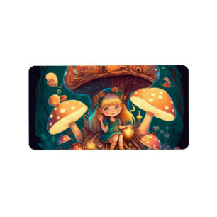Little girl elve among mushrooms label
