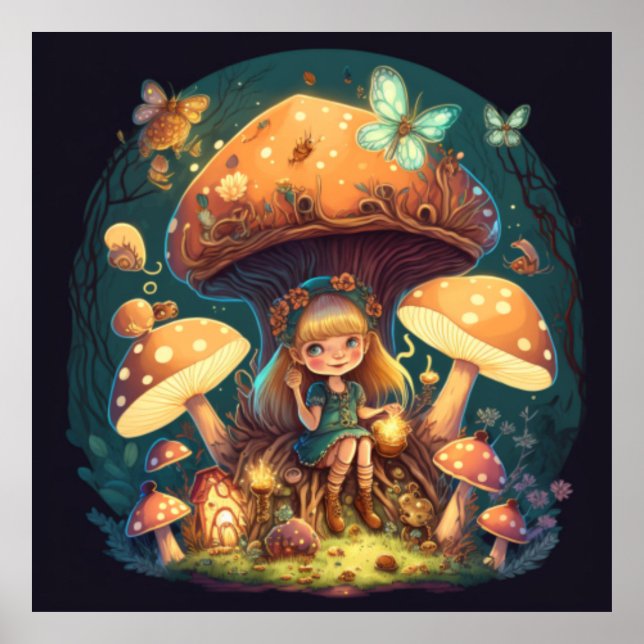 Little girl elve among mushrooms poster (Front)