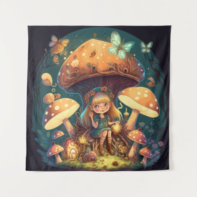 Little girl elve among mushrooms tapestry (Front)